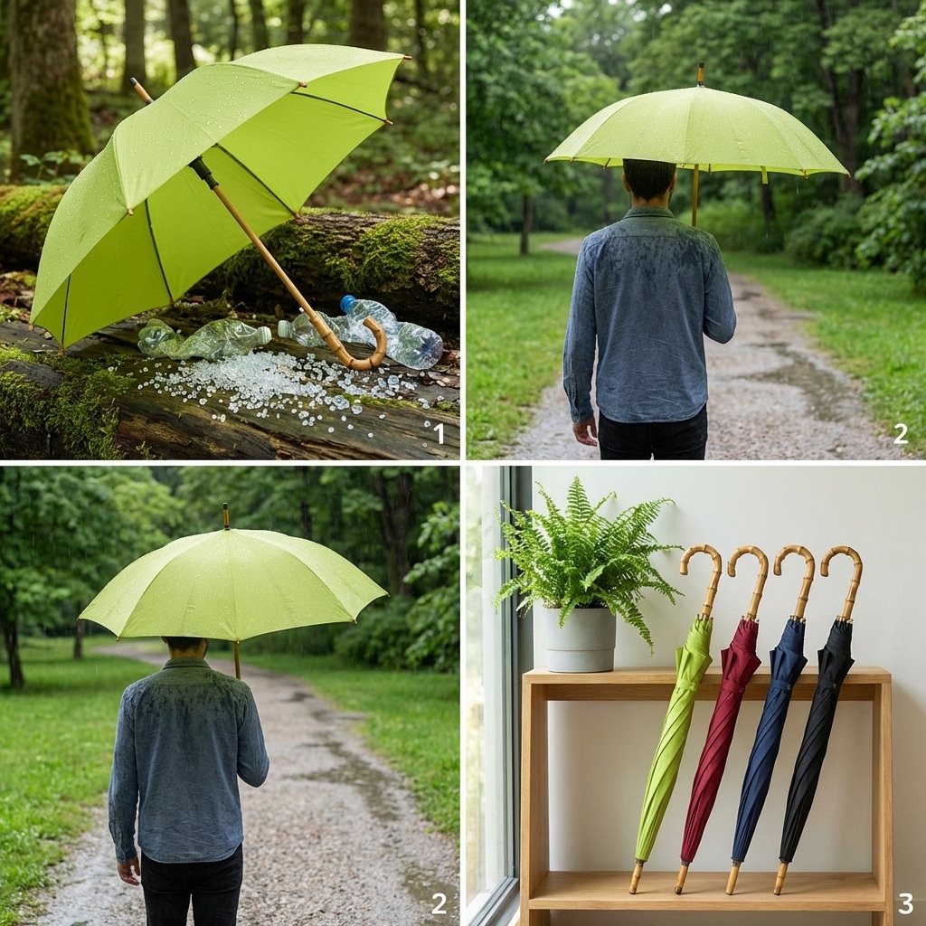 Person går i regnvejr med miljøvenlig paraply i grøn natur